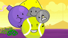 a cartoon of a tennis ball a rock and a bomb