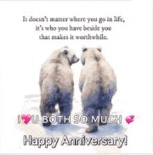 two polar bears are standing next to each other on a happy anniversary card .