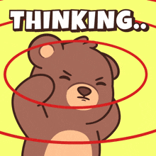 a teddy bear is surrounded by a red circle with the word thinking above it