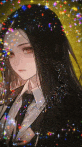 a girl in a suit and tie is surrounded by glitter