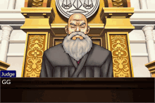 a judge with a white beard stands in front of a podium with a blue button that says " judge "