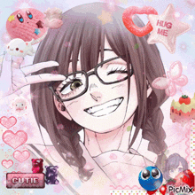 a picture of a girl with glasses and a hug me balloon in the background