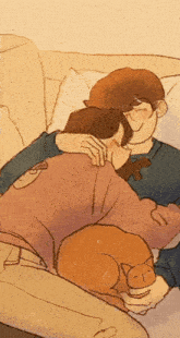 a drawing of a man hugging another man with a cat