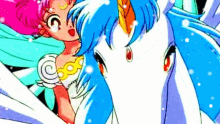 a girl with blue hair is riding on the back of a white unicorn
