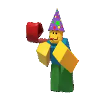 a roblox character wearing a party hat blowing a red horn