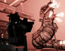 a computer generated image of a robot with a sign that says gauhgh