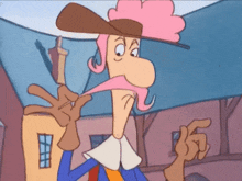 a cartoon character with pink hair and a mustache
