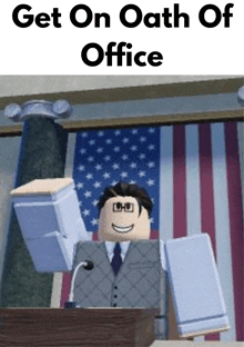 a robot is giving a speech in front of an american flag .