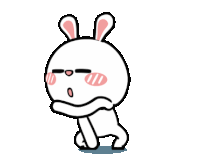 a cartoon rabbit with pink ears is standing with its arms crossed .