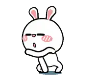 a cartoon rabbit with pink ears is standing with its arms crossed .