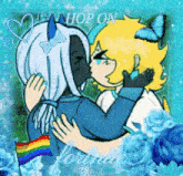 a drawing of two people kissing with a rainbow flag in the foreground