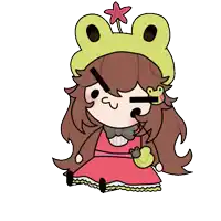 a cartoon of a girl wearing a frog hat and a red dress