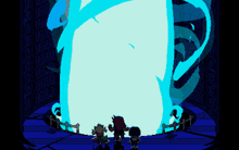 a group of cartoon characters standing in front of a large blue light