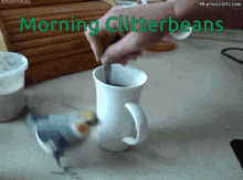 a person pouring something into a cup with the words morning glitterbeans on the bottom