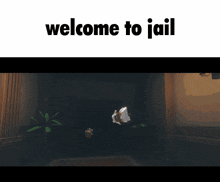 a welcome to jail sign with a light shining through a doorway