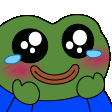 a pixel art drawing of a frog with tears in its eyes and a smile on its face .