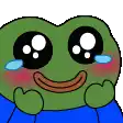 a pixel art drawing of a frog with tears in its eyes and a smile on its face .