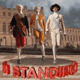 a group of men are standing in front of a sign that says standing