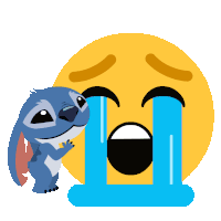 stitch is standing next to a crying emoticon