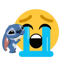 stitch is standing next to a crying emoticon