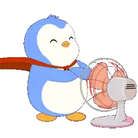 a penguin wearing a scarf holds a fan in its hands