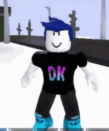 a roblox character with blue hair is wearing a black shirt with the word ok on it