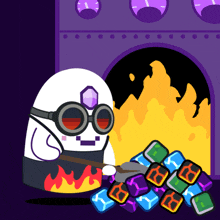 a cartoon character wearing goggles is standing in front of a pile of blocks