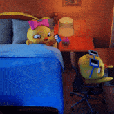 a cartoon of a duck sitting on a bed next to a duck with glasses