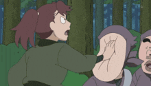 a cartoon drawing of a girl with a ponytail and glasses in a forest with the letter e on the bottom right