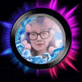 a picture of a girl with glasses in a circle with a purple and blue background