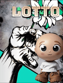 a drawing of a hand holding a flower with the word lotto in the background