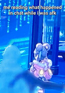 a screenshot of a video game with a caption that says " me reading what happened in chat while i was afk "