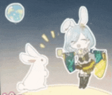 a girl in a kimono is standing next to a white rabbit with a full moon in the background .