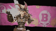 a cartoon character with the letter b on her chest stands in front of a pink background