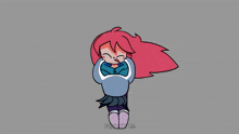a cartoon drawing of a girl with pink hair holding a helmet