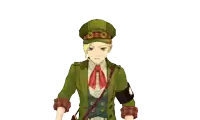 a cartoon character in a green jacket and hat with a red tie