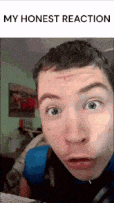 a man making a funny face with the words " my honest reaction " below him