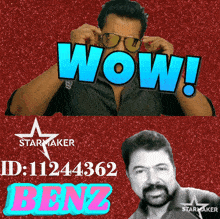 a picture of a man wearing sunglasses with the word wow above him