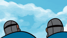 a cartoon of two people looking up at a cloudy sky