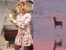 a woman in a pink dress stands next to a deer
