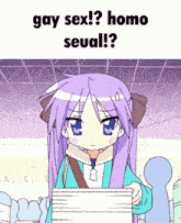 a girl with purple hair is holding a piece of paper that says gay sex ? homo seual ?