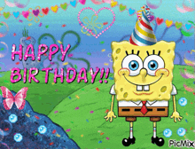 a birthday card with spongebob wearing a party hat and the words happy birthday