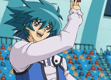 a blue haired anime character is holding a card in front of a crowd of people