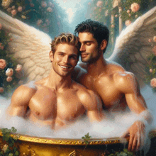 a painting of two men with angel wings in a tub