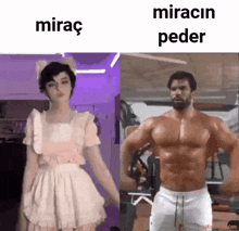 a woman in a pink dress is standing next to a muscular man in white shorts in a gym .