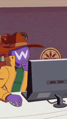 a cartoon character with the letter w on his face is looking at a computer screen