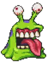 a pixel art image of a green monster with a heart in its mouth