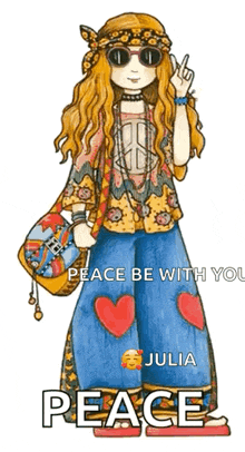 a cartoon of a hippie girl giving the peace sign