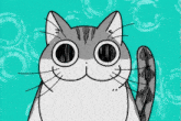a cartoon drawing of a cat with big eyes on a green background