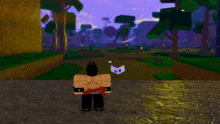a person in a video game is surrounded by blue lights and trees